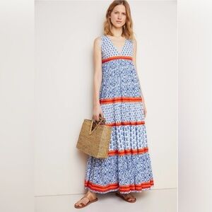 Anthropologie Ro's Garden Cotton Tiered Maxi Dress Blue White SMALL